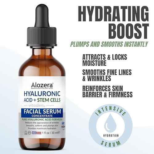 Alozera Pure Hyaluronic Acid Serum with Stem Cells for Face & Neck, Deep Hydration Facial Moisturizer for Plumper & Smoother Skin, Concentrated Anti-Aging Serum, Day & Night