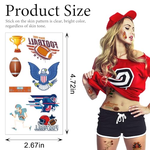 10 Sheets American Football Temporary Tattoos Sports Topic Luminous Fluorescent Temporary Tattoo Sticker Super Bowl Fake Tattoo for Men Women Boys Girls Ball Gmae Party Favor Makeup Costume Supplies