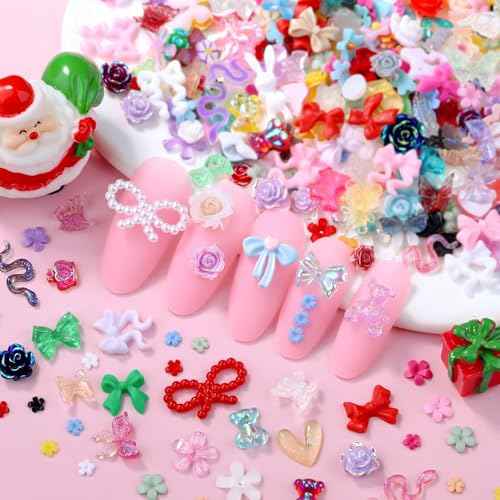 300 Pieces 3D Mix Assorted Resin Nail Charms Hollow Pearl Heart Nail Art Charms Gems Gummy Bear Star Heart Flowers Acrylic Beads