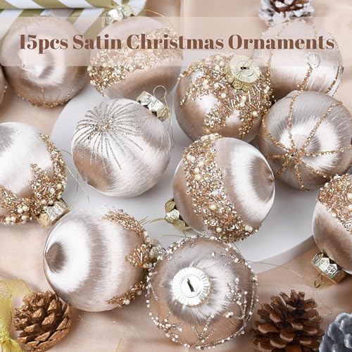 Christmas Ornaments Champagne Xmas Balls - Pack of 15 Luxury Christmas Tree Decorations Shatterproof - Satin Glitter Xmas Bulbs Set, 3.15 inch 80mm