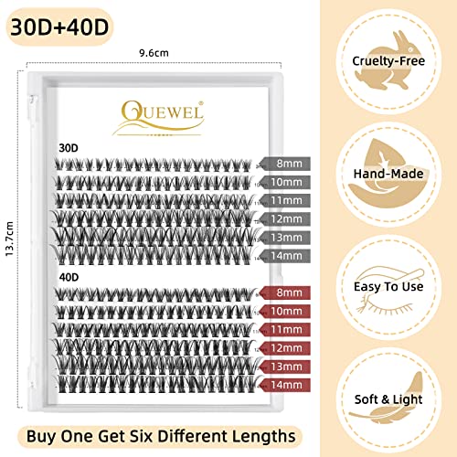 QUEWEL Cluster Lashes 240Pcs Individual Lashes 30D+40D C Curl Mix8-14mm Lash Extensions Clusters Lashes Soft&Natural False Eyelashes Individual DIY Eyelash Extension at Home(30D+40D C MIX8-14)