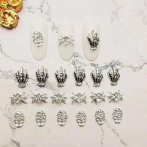 SILPECWEE 60pcs Halloween Nail Charms 3D Flat Back Nail Jewels Retro Skull Spider Skeleton Hand Charms for Nails Design Metal Nail Studs Alloy Nail Art Decoration for Acrylic Nails