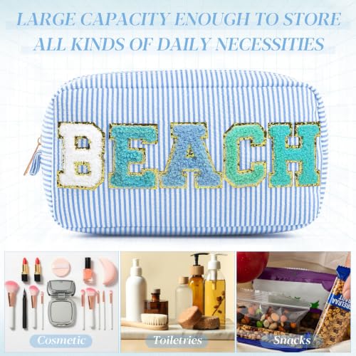 Sanwuta 6 Pack Seersucker Beach Makeup Bags with Chenille Letters