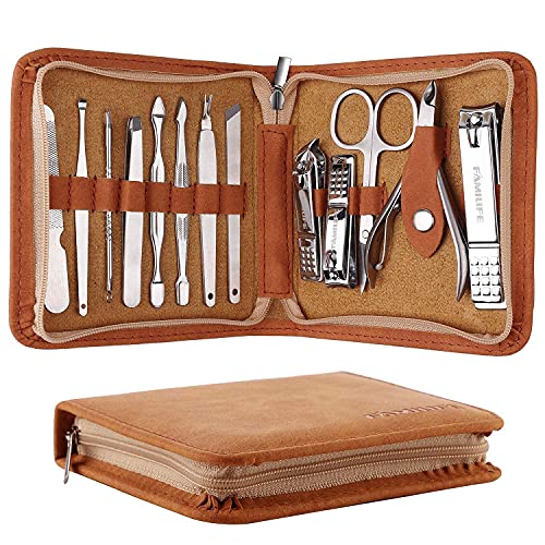 FAMILIFE F03 Manicure Set, Pedicure Kit Nail Clipper Set 13pcs Professional Men Grooming Kit and 11 in 1 Stainless Steel Mens Manicure Kit Leather Pedicure Tools Kit Grooming Kit with Travel Case Box