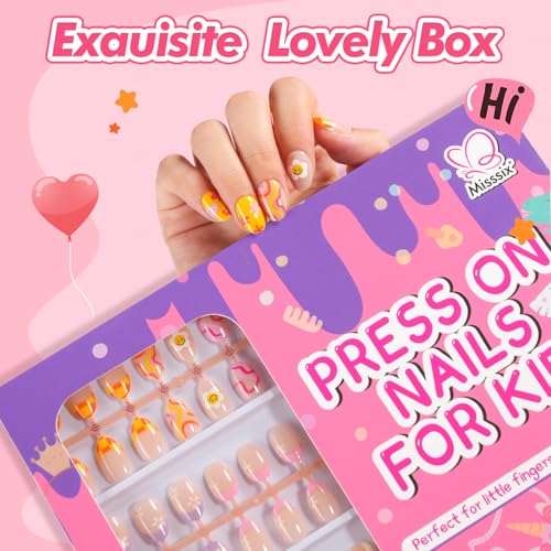 Misssix Old Colorful Flower Kids Press On Nails with Glue - 78 Pcs, Safe & Easy DIY Nail Art