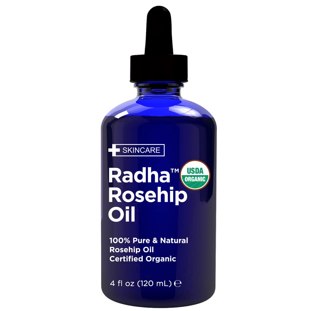 Radha Beauty 4 oz Organic Rosehip Seed Oil 100% Pure Cold Pressed - Great Carrier Oil for Moisturizing Face, Hair, Skin, & Nails, Hydrating and Nourishing