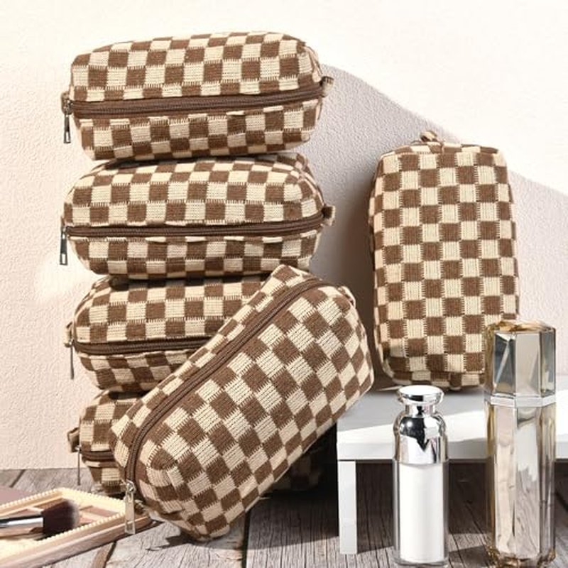 Brown Checkered Makeup Bag 7x4 - Set of 6 Cosmetic Organizers