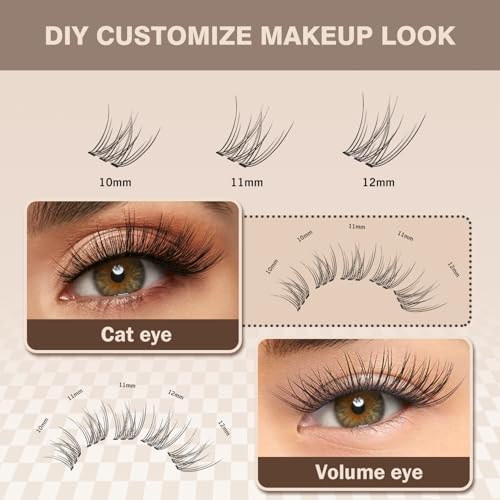 Self Adhesive Lash Clusters No-Stem 10-12mm Short Lash Clusters 156pcs Clear Invisible Band Pre Glued DIY Eyelashes Natural Soft Wispy C-Curl Individual Eyelash Extensions with Tweezers EPUDY FIHSALA