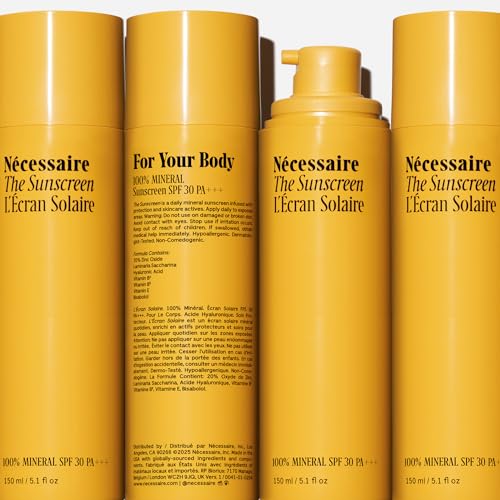 N?cessaire The Mineral Sunscreen SPF 30 PA+++. For The Body. Broad Spectrum. Zinc Oxide, Hyaluronic Acid, Niacinamide. Hydrate. Protect Against Sun Damage + Premature Aging. Dermatologist-Tested 5.1oz
