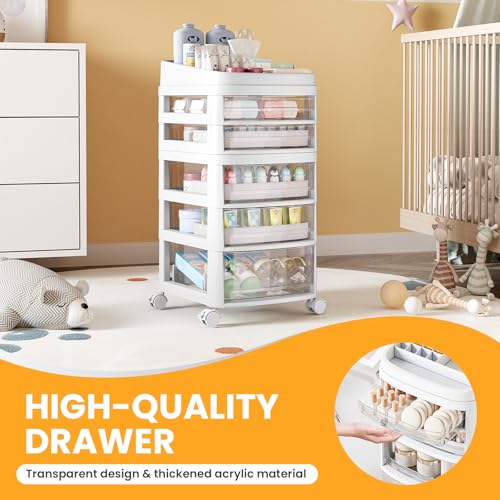 Clear Rolling Cart with 5 Drawers - Dust-Proof Storage for Makeup & Crafts