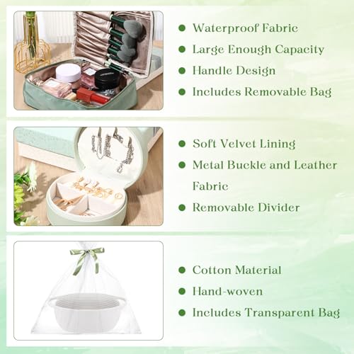 Kacctyen Sage Green Gift Basket for Women Include Woven Basket Makeup Bag Sleep Mask Jewelry Box Hair Bow Crochet Flower and More Self Care Birthday Gift Box for Mom Wife Friends Sister Coworker