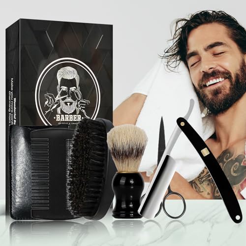 Straight Edge Razor Shaving Kit, Including Steel Shaver & Shaving Brush & Wooden Beard Comb & Brush, Beard Grooming Scissors, Idea Gift for Christmas, Birthday, Father for Men