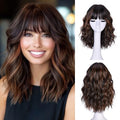 Short Wavy Wig with Bangs - 16in Brown Synthetic Hair