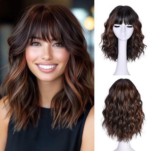 Short Wavy Wig with Bangs - 16in Brown Synthetic Hair