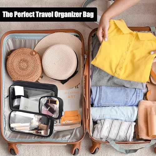 Clear TSA Approved Toiletry Bag Set - 3 Pack (Large, Small and Mini) Clear Cosmetic Bag with Zipper, Quart Size Travel Essentials Organizer Perfect for Carry-On Luggage (TPU-3LSM-Black)