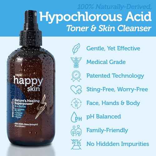Happy Skin .02% Hypochlorous Acid Spray Toner? Extra Strength, Extra Gentle 100% Natural Toner & Skin Cleanser for Face & Body? Soothe, Hydrate & Repair Dry, Sensitive Skin? pH Balanced, Non-Toxic 8oz