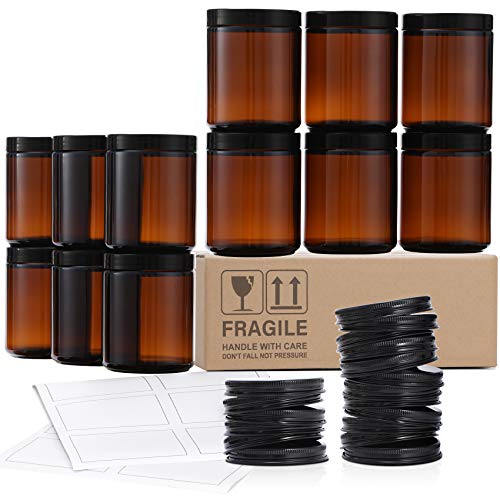 8oz Dark Amber Candle Jars - 12 Pack with Metal & Plastic Lids