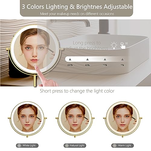 8" Lighted Makeup Mirror, 1X/10X Magnification Mirror with Lights, Double Sided Dimmable Mirrors, Rechargeable & Brightness & Height Adjustable, Cordless Vanity Mirror(Gold)
