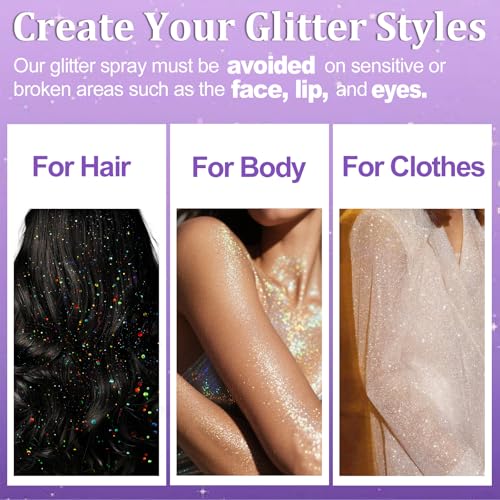 Yosca Body Glitter Spray, 3Pcs Holographic Silver Travel Shiny Glitter Spray for Body Hair Clothes Pride Accessories, Long-Lasting Shimmer Powder Hairspray for Festival Concert Party Rave Accessories