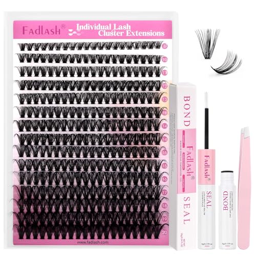 FADLASH Lash Extension Kit 40D Lash Clusters C Curl Lash Cluster Kit DIY Eyelash Extension Kit with Lash Bond and Seal Lash Tweezer 3D Fluffy Cluster Lashes (Kit, 40D-0.07C-Mix8-20)