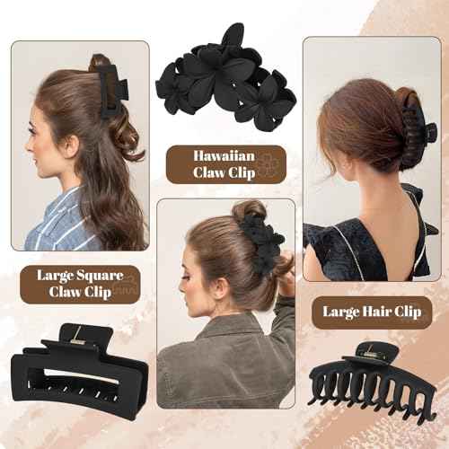 Hair Clips for Women: Non-Slip Strong Hold Jaw Claw Clips for Thin Thick Curly Hair, Classic Black Hair Claw Set Include Large, Square, Flower, Flat & Small Clips as Christmas Gift 12Pack(Set A)