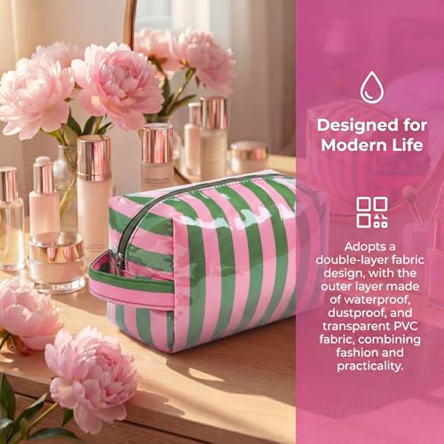 PVC Striped Makeup Bag - Waterproof Cosmetic Organizer