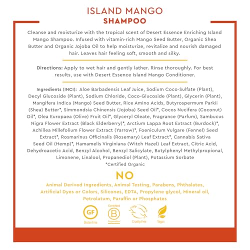 Desert Essence Island Mango Shampoo, 8oz - Rich Repair with Mango Seed Butter, Organic Hemp Oil, Jojoba & Shea Butter - Vegan, Gluten-Free - Tropical Scent