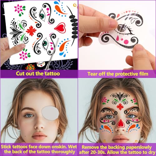 Day of Dead Glitter Tattoos - 6 Sheets Skeleton Face Stickers