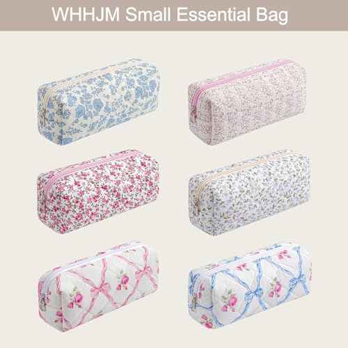 Cute Floral Makeup Brush Bag Small Cotton Quilted Cosmetic Bag for Women Travel Toiletry Zipper Make Up Pouch (Blue Floral)