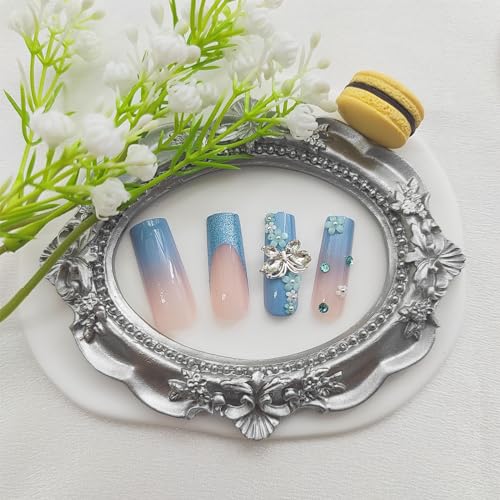 Press on Nails Long Square Fake Nails with 3D Butterfly Rhinestones & Flower Charms Designs Glitter French Tip Nails Press ons Glossy Glue on Nails Blue Gradient Stick on Nails for Women 24Pcs