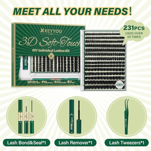 KEYYOU LASH Clusters Kit 3D Effect 231pcs Eyelash Clusters 100D200D Mix 10-18mm D Curl Individual Lash Extension Kit Wispy Natural Volume Cluster Lashes Soft (3D Kit-100D200D-D-10-18MIX)