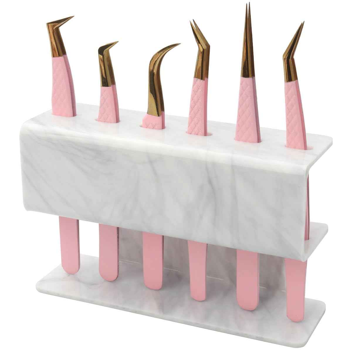 Mekupeu 6 Holes Tweezers Holder Eyelash Extension Supplies Display Stand, Marble, 1 Pc