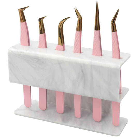 Mekupeu 6 Holes Tweezers Holder Eyelash Extension Supplies Display Stand, Marble, 1 Pc