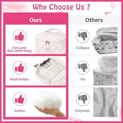 Quilted Makeup Bag, Large Capacity Travel Cosmetic Bag for Women and Girls, Aesthetic Storage for Daily and Travel Use (3PCS-Pink SlimBow)