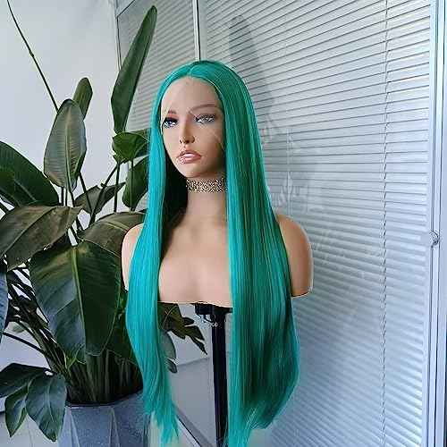 RONGDUOYI Teal Green Synthetic Lace Front Wigs 24inches Emerald Green Long Silky Straight Lace Front 13x4 Synthetic Wig with Natural Hairline Heat Fiber Hair Christmas Cosplay Wigs for Women