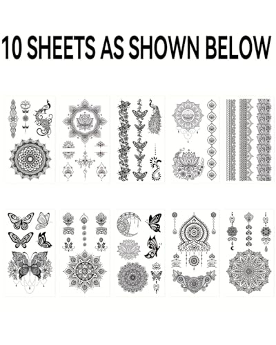 Black Henna Temporary Tattoos - 10 Sheet Mandala Flower Design