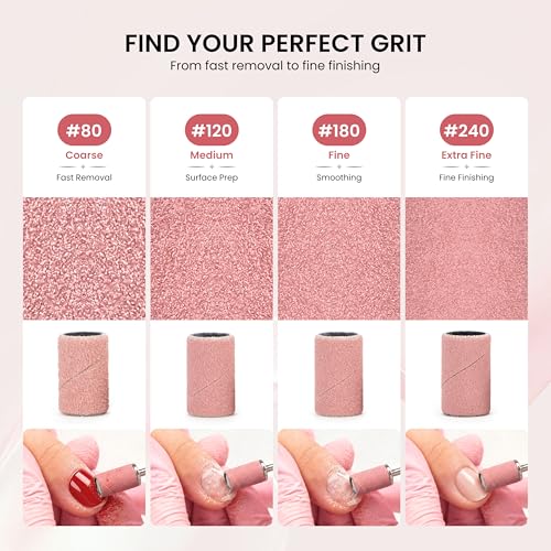 100 Pcs Nail Drill Bits Sanding Bands with Mandrel - 240 Grit Extra Fine Pink