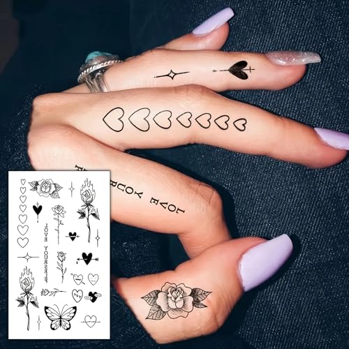 18 Sheets Fashion Y2K Geometric Lotus Arrow Temporary Tattoos For Men Women Adults Finger Hands, Waterproof Realistic Tiny Rose Flower Leaf Fake Tattoos Black Small Butterfly Sun Moon Tatoo Stickers
