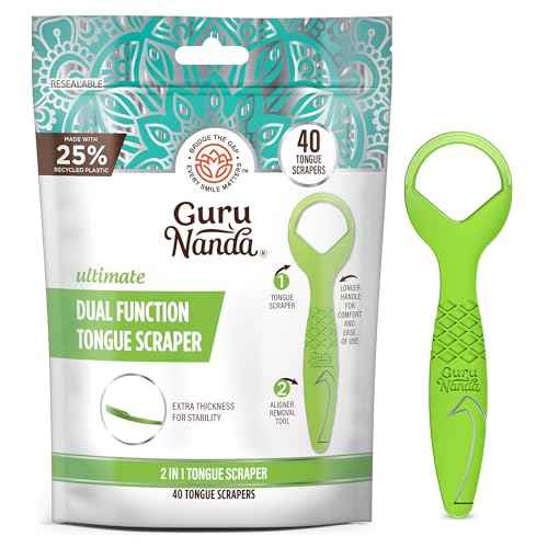GuruNanda Disposable Tongue Scraper for Adults & Kids, Aligner Removal Tool (40 Ct) Dual-Function, BPA & PFAS-Free, Recyclable, Travel-Friendly, Promotes Fresh Breath, Easy to Use