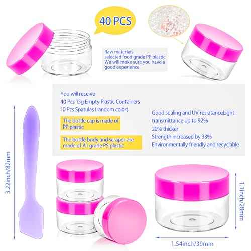 MotBach 40Pack 15g Small Plastic Cosmetic Containers with Lids, 15gram Plastic Makeup Containers Jars with Spatulas, 15ml Sample Jars Travel Size Containers for Toiletries Lip Balm Cream Slime Lotion