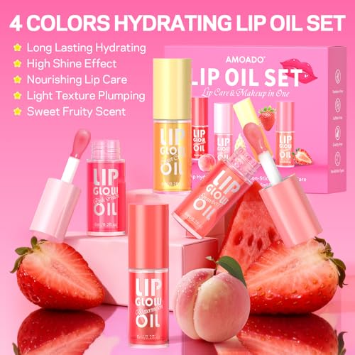 AMOADO Tinted Lip Oil Set - Hydrating Glossy Lip Gloss with Fruity Flavors, Non-Sticky, 4 Shades for Women & Girls
