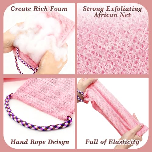 Manmihealth Dual-Sided Silicone Body Scrubber Scalp Massager & African Bath Sponge Net Set, 2-in-1 Silicone Shower Shampoo Brush Africa Wash Net Combination, Lather Well,Strong Exfoliating(Black+Pink)