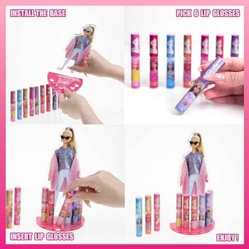 Barbie Lip Gloss with Acrylic Stand for Storage and Display, Plant Based Lip Gloss, Perfect for Parties, Sleepovers, Makeovers, Birthday Gift for Girls, Age 3+, by Townley Girl