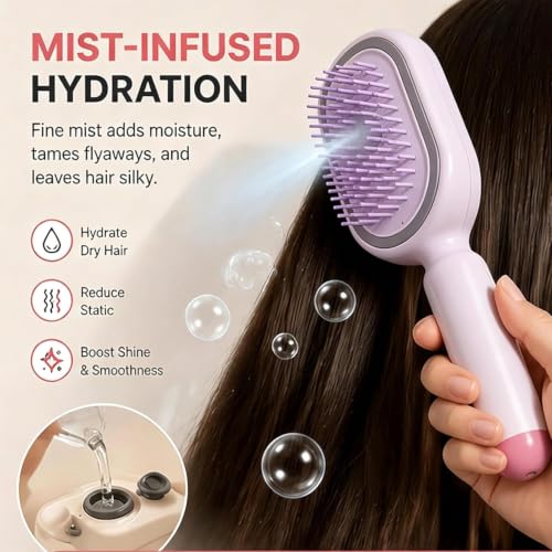 Electric Steam Hair Brush with Hydrating Mist & Red Light - Pink