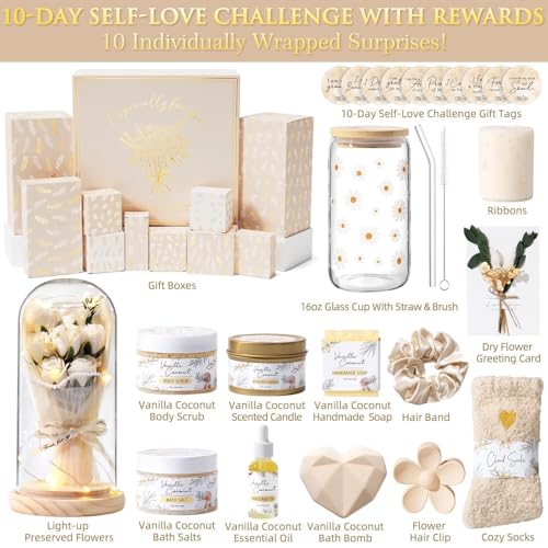 Spa Gifts for Women Teen Girl Gifts Trendy Stuff, Positive Affirmation Cards & Self Care Baskets Preserved Rose Flowers Set, Get Well Easter Birthday Mothers Day Gift for Mom Her Grandma Girls Friend