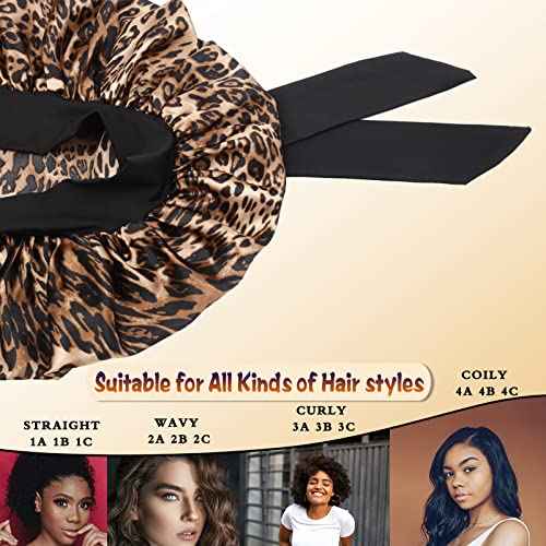 Silky Satin Hair Bonnet Night Cap Hair Cover for Black Women with Soft Stretchy Tie Band - Jumbo Satin Sleep Cap (Black & Leopard)
