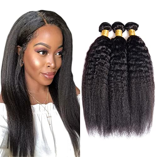 WuvuSnm Black #1BYK 24-Inch Kinky Straight Human Hair Bundles, Yaki Texture