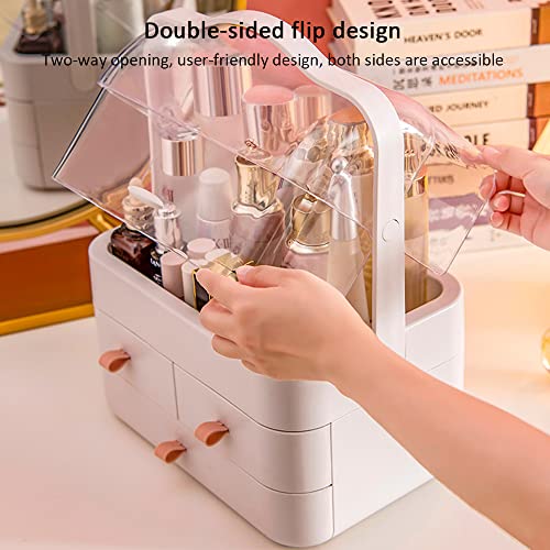 Makeup Organizer, Dustproof Cosmetic Storage Box with Portable Handle & Fully Open Waterproof Lid for Bathroom Countertop Bedroom Dresser(White)