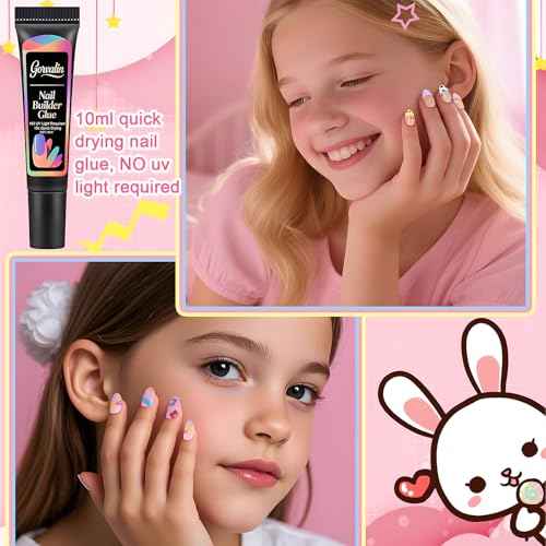 6 Packs Press-On Fake Nails for Kids - Gorvalin 144pcs Full Cover Glue On Nails for Kids French Flower Patterns for Girls Ages 7-12 Nail Art - Includes Nail Adhesive Tabs & Builder Glue