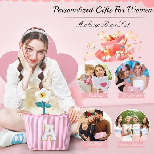Personalized Initial Makeup Bag for Women - Pink Chenille Letter